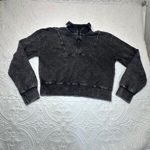 Mono B Mineral Wash Black Cropped Quarter Zip Sweatshirt KT11508 Mens Medium